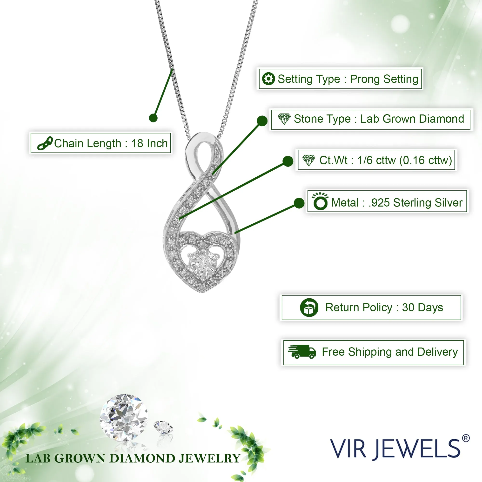 1/6 cttw Lab Grown Diamond Accent Heart Pendant Necklace .925 Sterling Silver 1/2 Inch With 18 Inch Chain