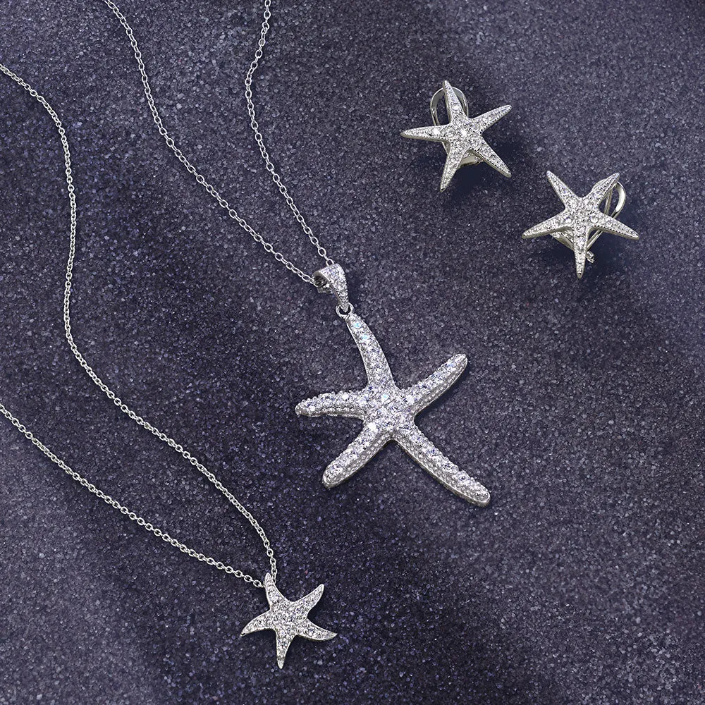 Pave CZ Starfish Pendant Necklace Sterling Silver Nautical Beach Vacation Jewelry
