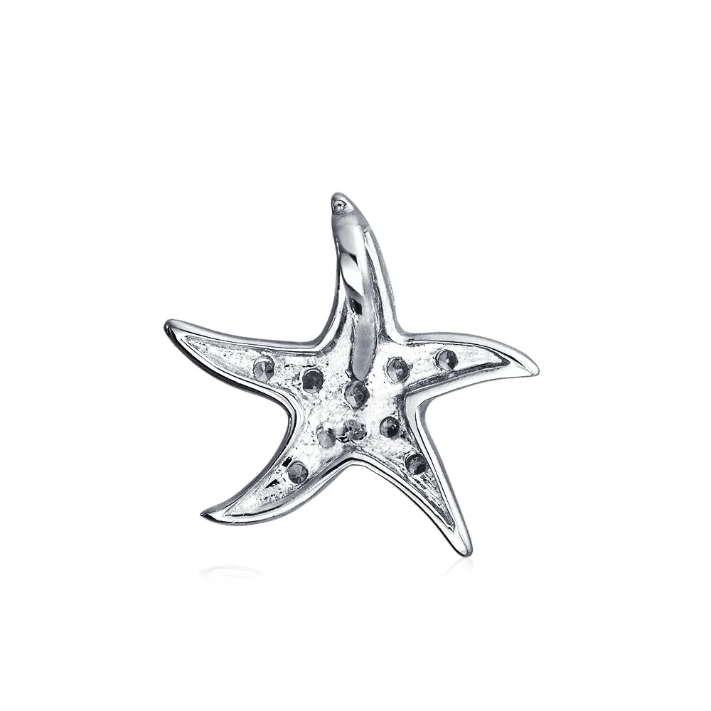 Pave CZ Starfish Pendant Necklace Sterling Silver Nautical Beach Vacation Jewelry